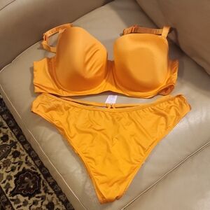 Savage X Fenty Bright Orange Satin Bra & Bikini Set